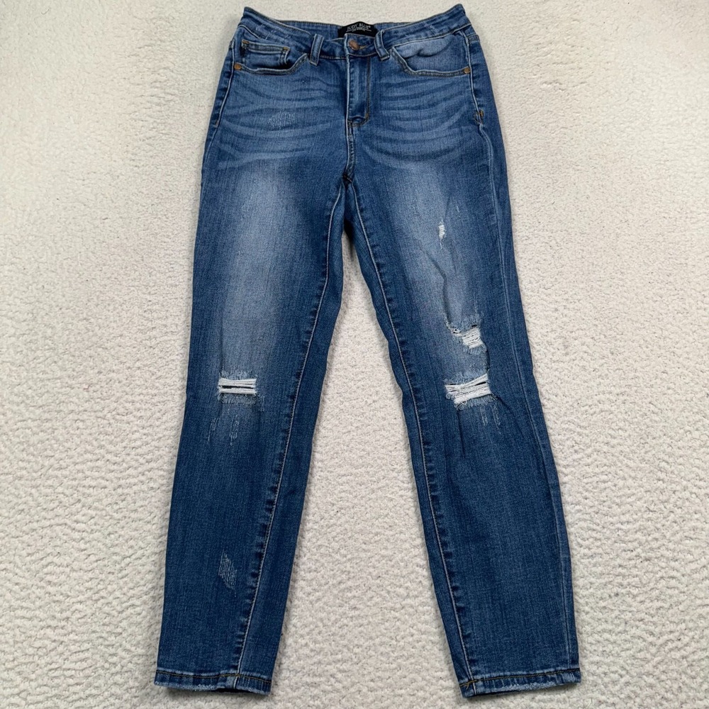 Judy Blue Jeans Womens 28 Relaxed Fit Stretch Mid Rise Distressed Whiskered Blue
